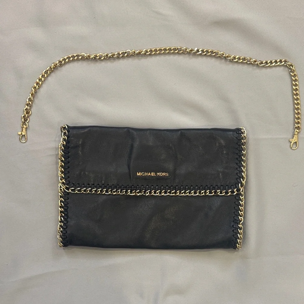 Michael Kors Black Leather Shoulder Bag with Gold Chain and Gold Accents